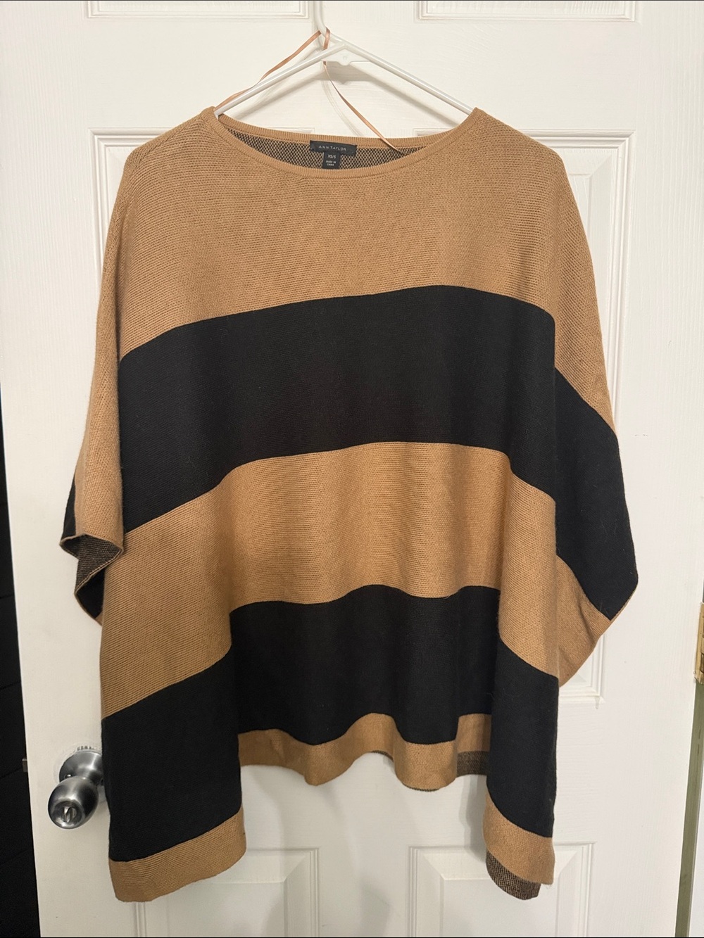 Ann Taylor Striped Black and Camel Oversized Poncho Sweater